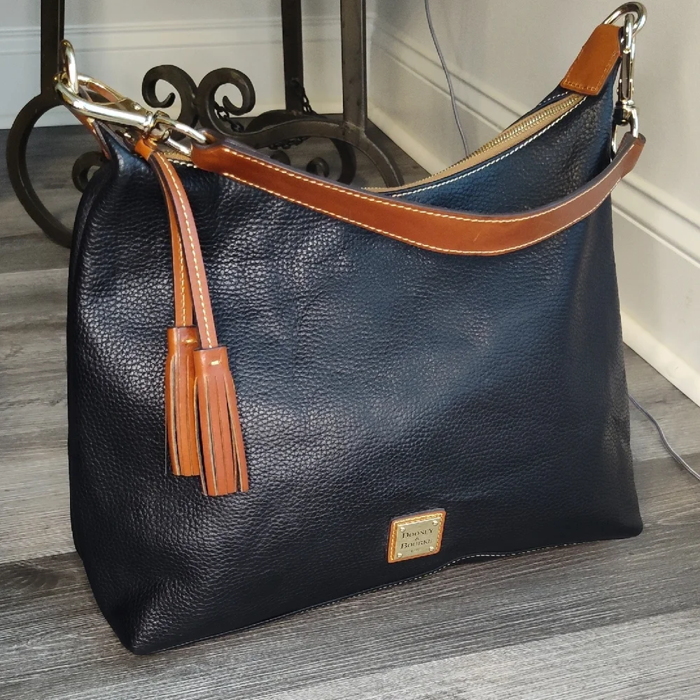 Dooney & Bourke Black and Brown Leather Hobo Bag with Tassels
